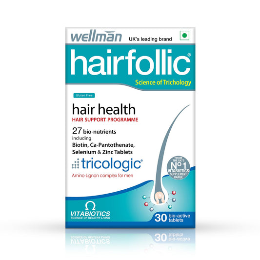 Wellman Hairfollic Hair supplements for Men with zinc, selenium, lignans that supports hair growth, provide strength to hair roots | vegetarian 30 tablets