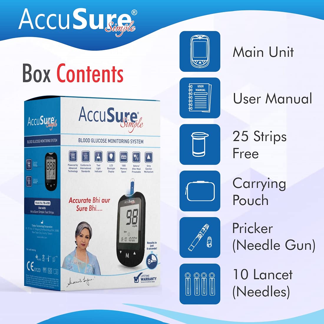 AccuSure Instant Digital Simple Glucometer Kit |with 25 Strips,10 Lancet,1 Lancing device for Accurate Blood Glucose Sugar Testing Machine