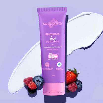 Aqualogica lluminate+ Dewy All Skin Type Sunscreen Spf 50+ Pa++++ With Wild Berries&Alpha Arbutin - 50 G Protection Against Uva/B&Blue Light Protection Fragrance-Free For Luminous&Sun Protected Skin