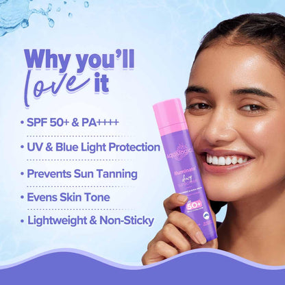 Aqualogica lluminate+ Dewy All Skin Type Sunscreen Spf 50+ Pa++++ With Wild Berries&Alpha Arbutin - 50 G Protection Against Uva/B&Blue Light Protection Fragrance-Free For Luminous&Sun Protected Skin