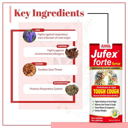 AIMIL Jufex Forte Syrup - 100ml | Ayurvedic Herbal Syrup for Tough Cough, Sore Throat, Congestion and Respiratory Wellness | Non-Alcoholic & No Drowsiness