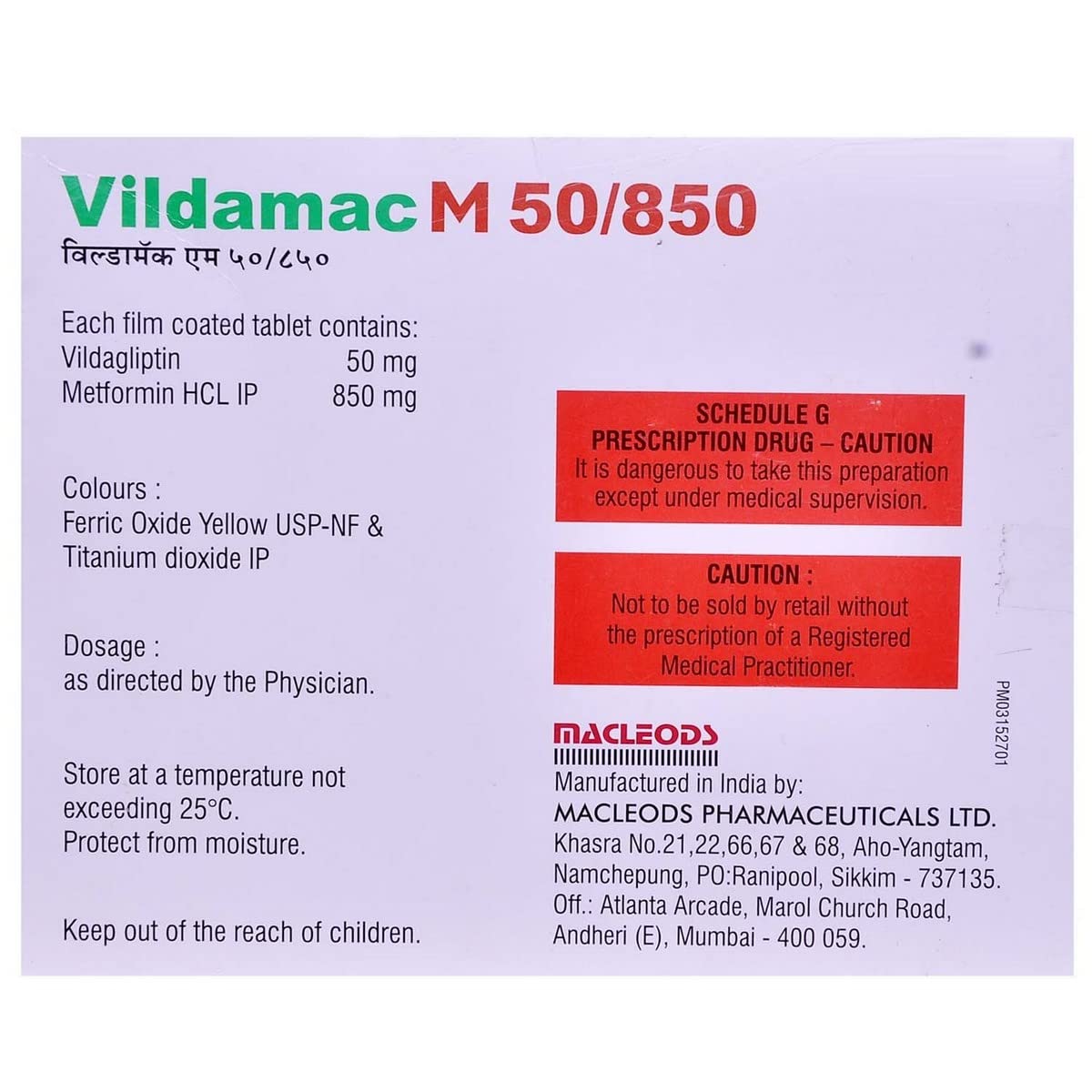 Vildamac M 50/850MG - Strip of 15 Tablets