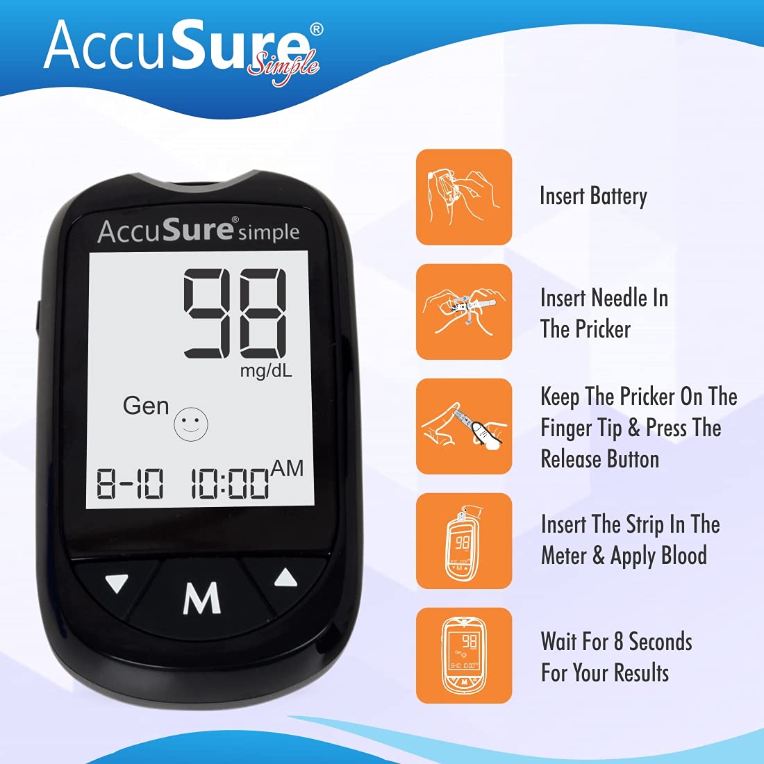 AccuSure Instant Digital Simple Glucometer Kit |with 25 Strips,10 Lancet,1 Lancing device for Accurate Blood Glucose Sugar Testing Machine