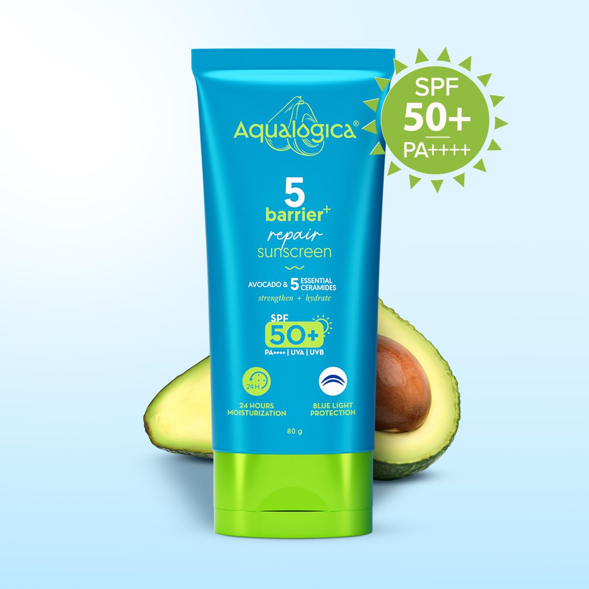 Aqualogica 5 Barrier+ Repair Sunscreen with Avocado & 5 Essential Ceramides-80g|SPF 50 PA++++|UVA/B & Blue Light Broad Spectrum Protection|Strengthens Skin Barrier|24 Hr Moisturization|Fragrance Free