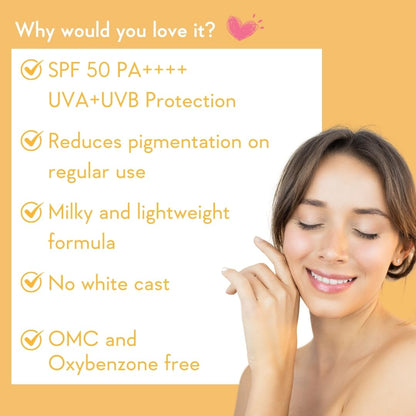 WishCare Vitamin C Pure Glow Milk Sunscreen SPF 50 PA++++ - Ultra Light Weight, Oil Free with Broad Spectrum Protection & No White Cast - 50g