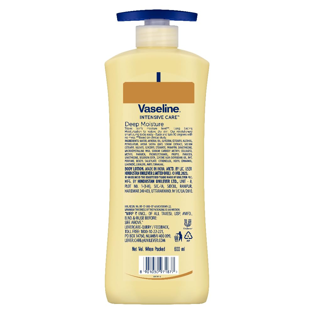 Vaseline Intensive Care, Deep Moisture Nourishing Body Lotion, 600ml, for Radiant, Glowing Skin, with Glycerin, Non-Sticky, Fast Absorbing, Daily Moisturizer for Dry, Rough Skin, For Men & Women