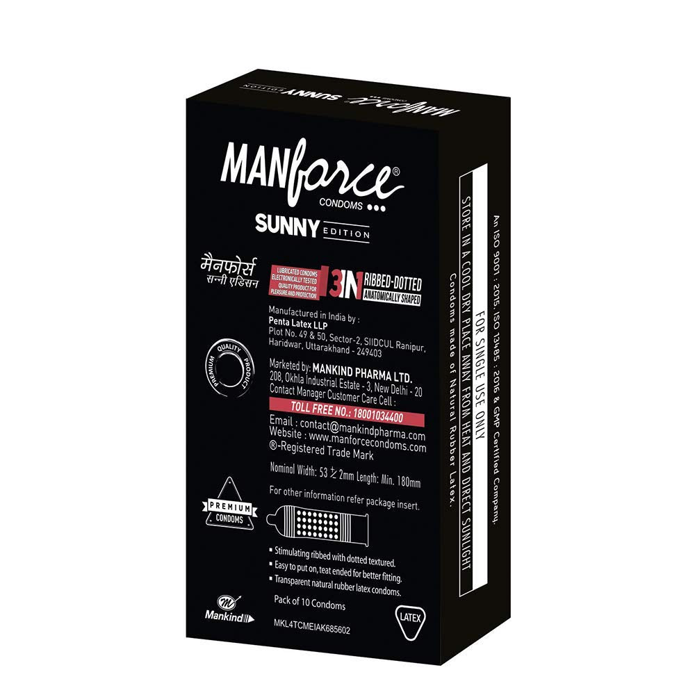 Manforce Sunny Edition Condoms | 10 pcs | Ribbed, Dotted & Anatomically Shaped Condoms | India’s No. 1* Condom Brand for Safe Sex