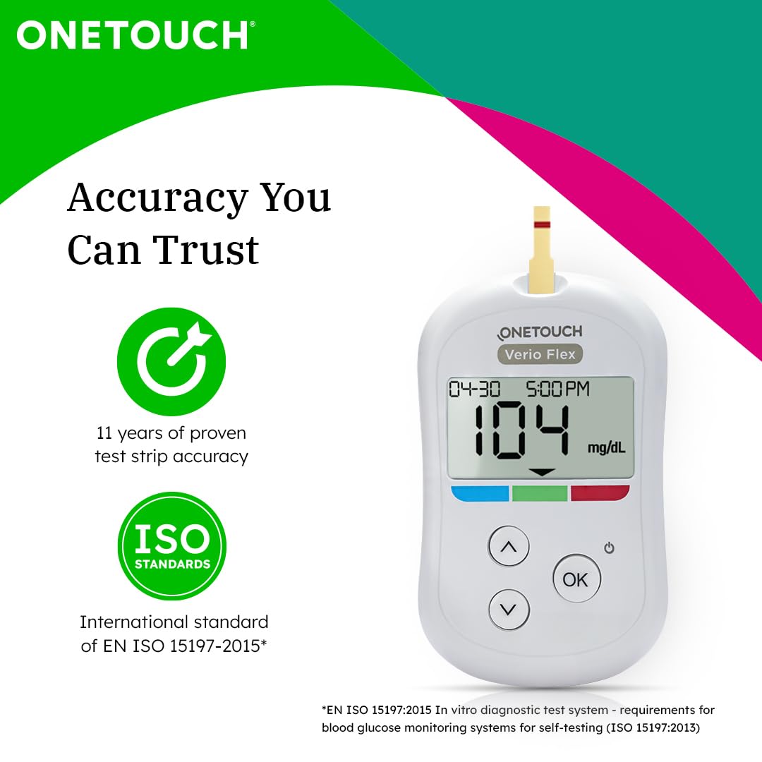 OneTouch Verio Test Strips | Pack of 100 Test Strips along with 100 Delica Plus Lancets | Blood Sugar Test Machine Testing Strips | Global Iconic Brand | For use with OneTouch Verio Flex Glucometer