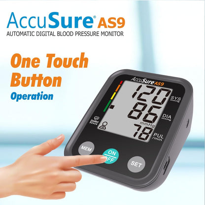 AccuSure Blood Pressure Monitor Fully Automatic Digital Large Display And Adjustable Arm-Cuff Comes With Micro USB Port - Black Color