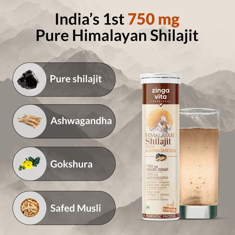 Zingavita Himalayan Shilajit Original (750mg) Effervescent Tablets, With Ashwagandha, Gokshura & Safed Musli for Strength, Performance & Muscle recovery, Cardamom Flavour | Ayush Approved | Pack of 1