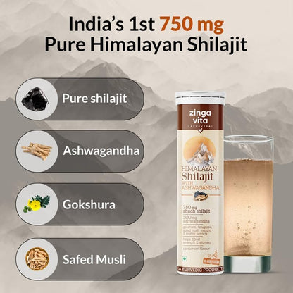 Zingavita Himalayan Shilajit Original (750mg) Effervescent Tablets, With Ashwagandha, Gokshura & Safed Musli for Strength, Performance & Muscle recovery, Cardamom Flavour | Ayush Approved | Pack of 1