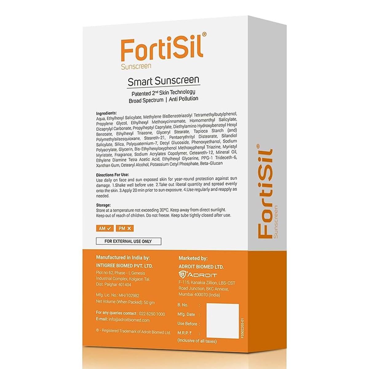 Fortisil Spf 50+ Pa+++ - Tube of 50g Sunscreen Gel