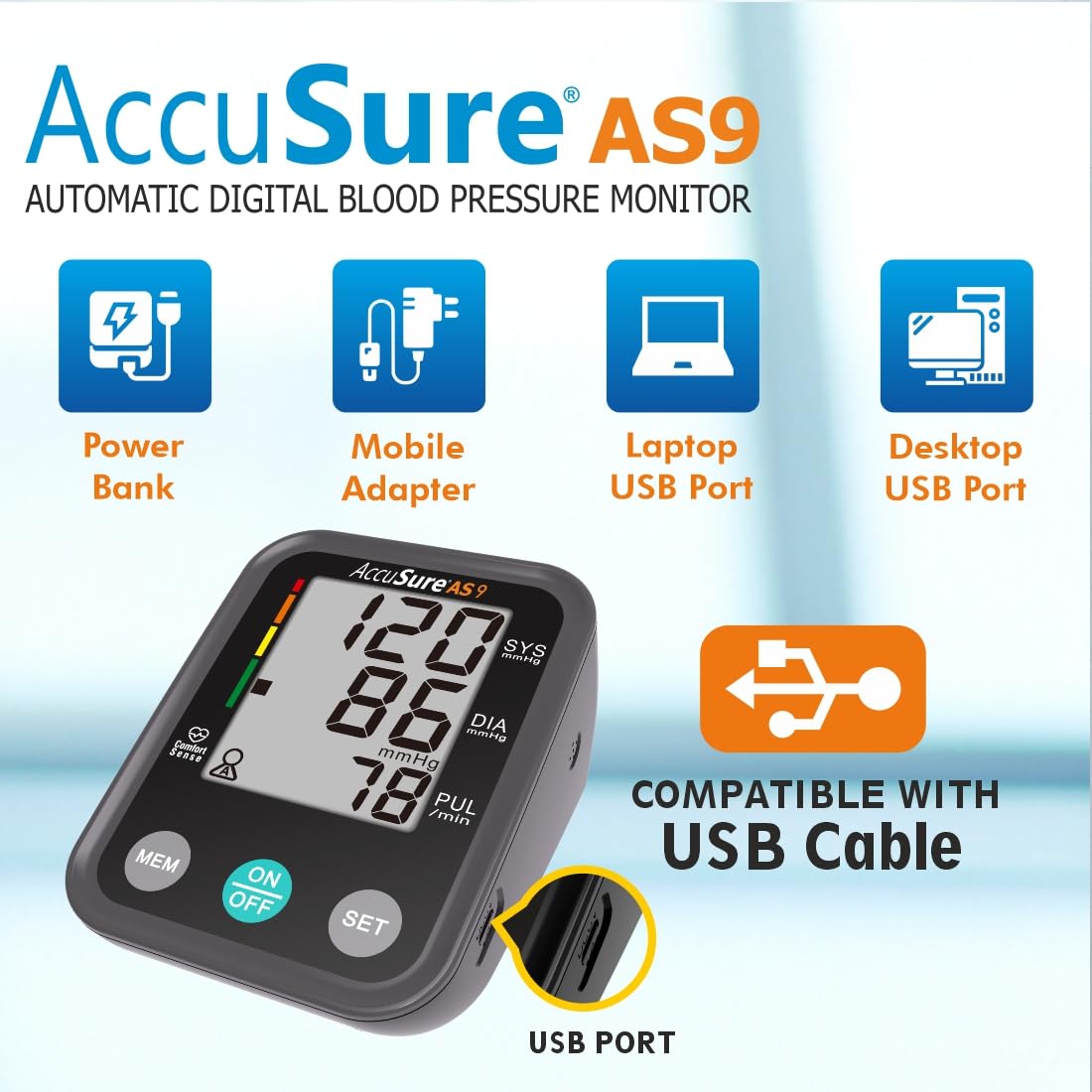 AccuSure Blood Pressure Monitor Fully Automatic Digital Large Display And Adjustable Arm-Cuff Comes With Micro USB Port - Black Color