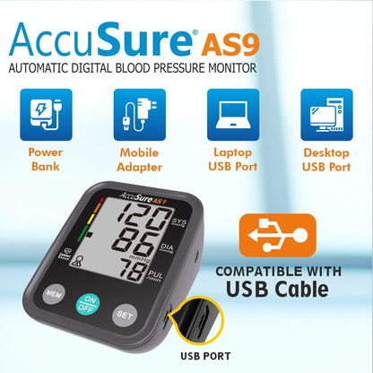 AccuSure Blood Pressure Monitor Fully Automatic Digital Large Display And Adjustable Arm-Cuff Comes With Micro USB Port - Black Color