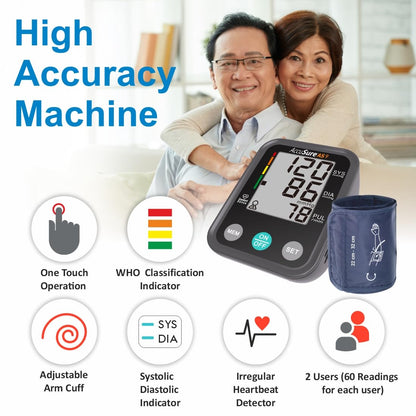 AccuSure Blood Pressure Monitor Fully Automatic Digital Large Display And Adjustable Arm-Cuff Comes With Micro USB Port - Black Color