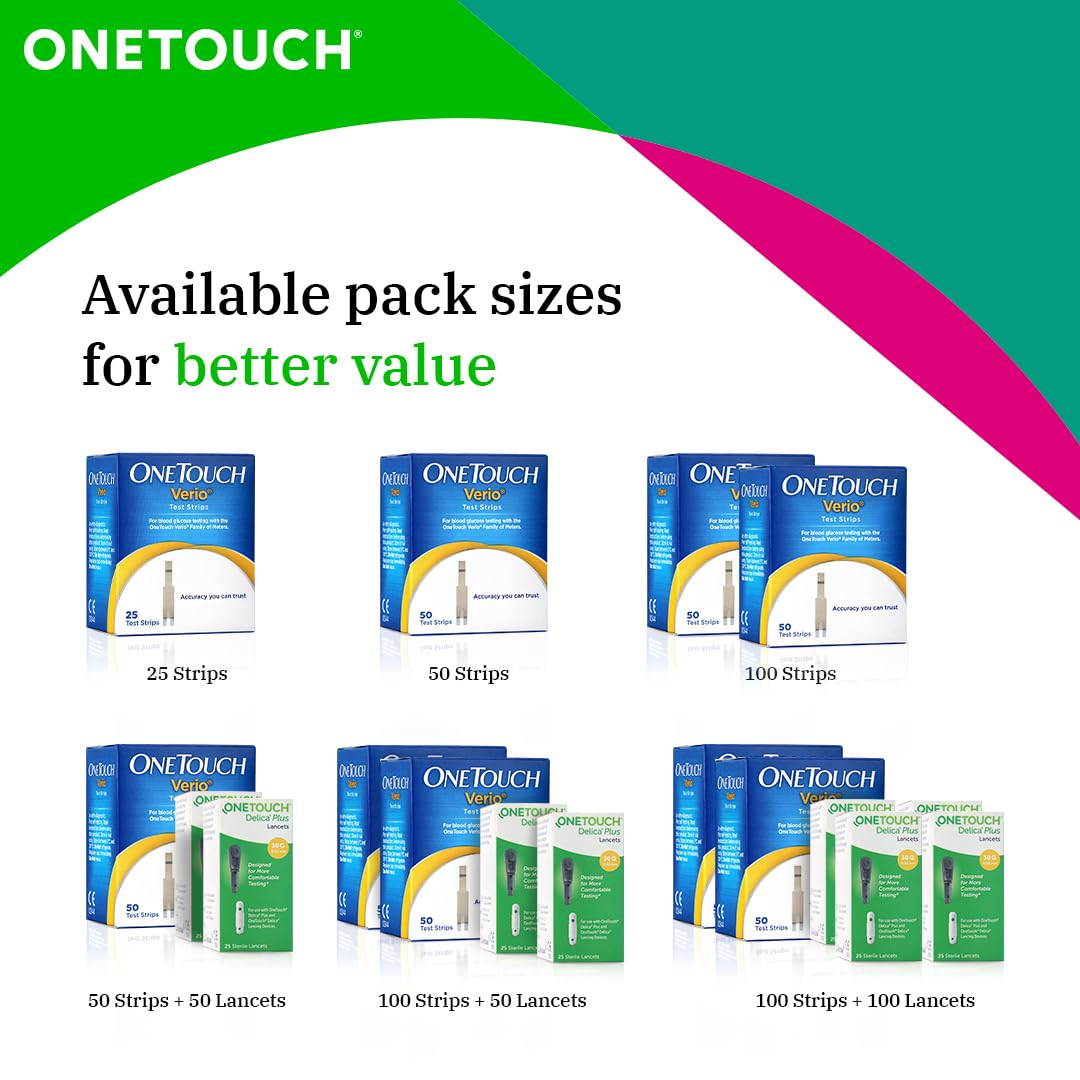 OneTouch Verio Test Strips | Pack of 50 Test Strips along with 50 Delica Plus Lancets | Blood Sugar Test Machine Testing Strips | Global Iconic Brand | For use with OneTouch Verio Flex Glucometer