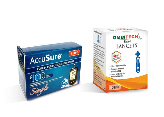 AccuSure Simple Blood Monitoring System , 100 Test Strips with Ambi Tech 100 Round Lancets