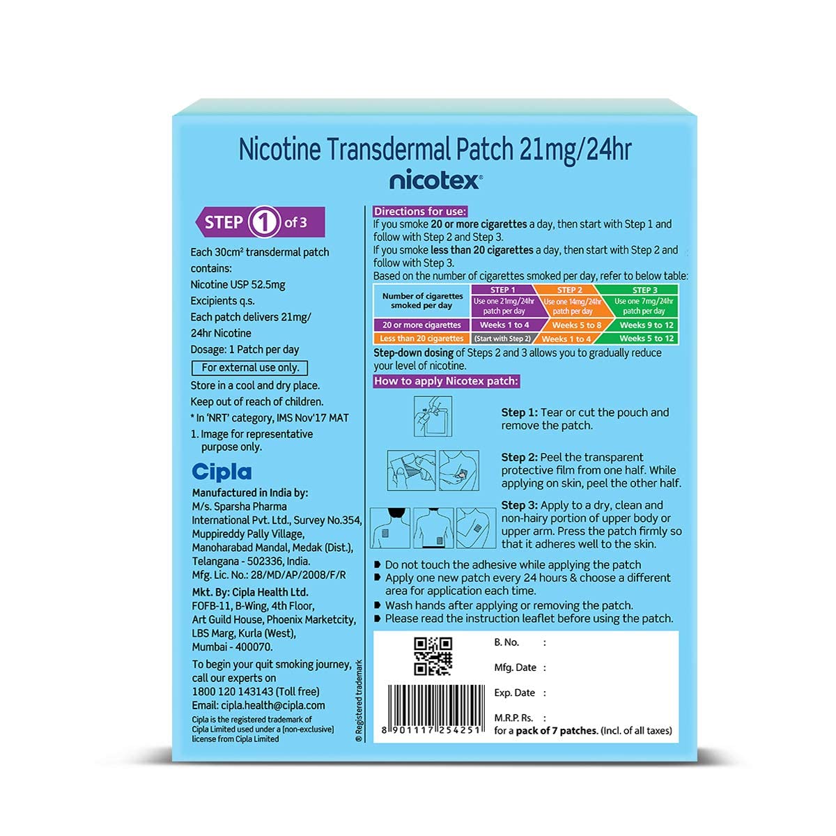 Cipla Nicotex Nicotine Transdermal Patch | Helps to Quit Smoking | WHO - Approved Therapy | 7 Patches (Step 2-14mg)