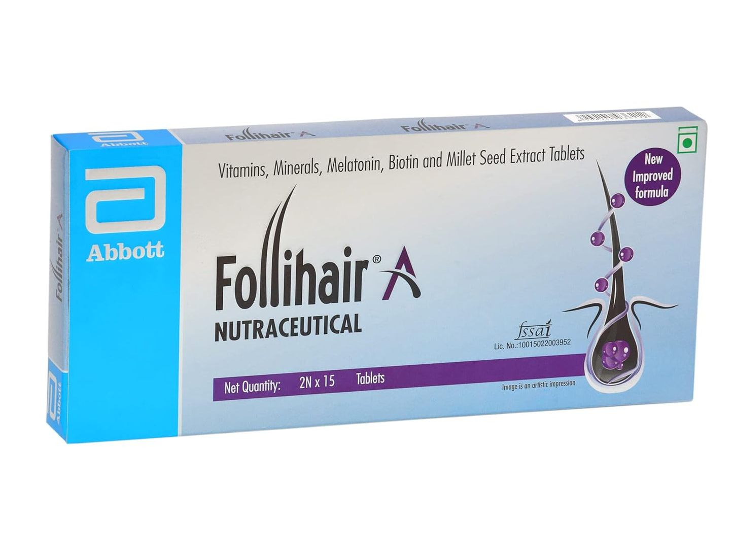 Follihair New A (Pack Of 2N X 15) By Abbott Helps Nourish & Strengthen Hair Follicles | Amino Acids, Vitamins, Minerals & Natural Extracts Tablets New Formulation, 0.05 Kilograms