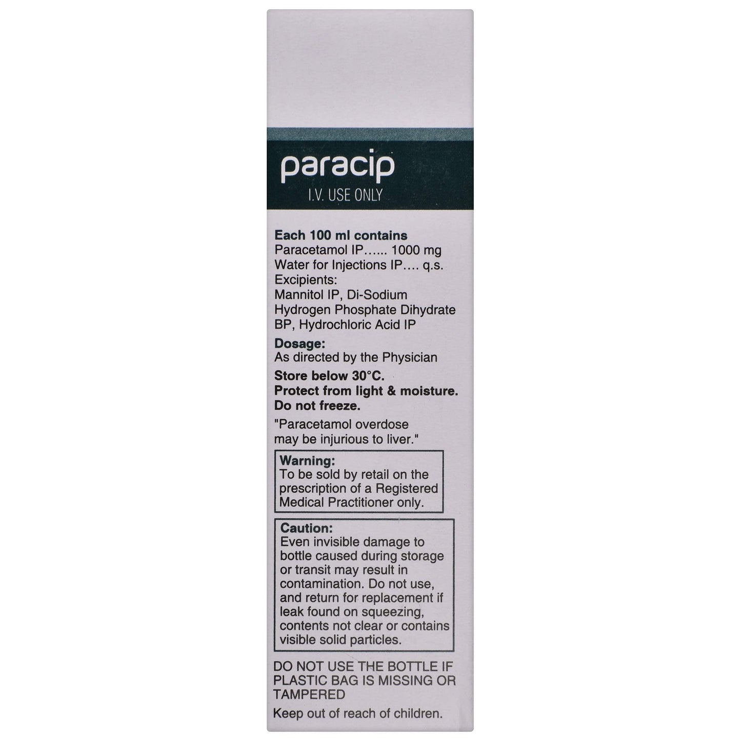 Paracip 1000mg/100ml - Pack of 100 ml Infusion