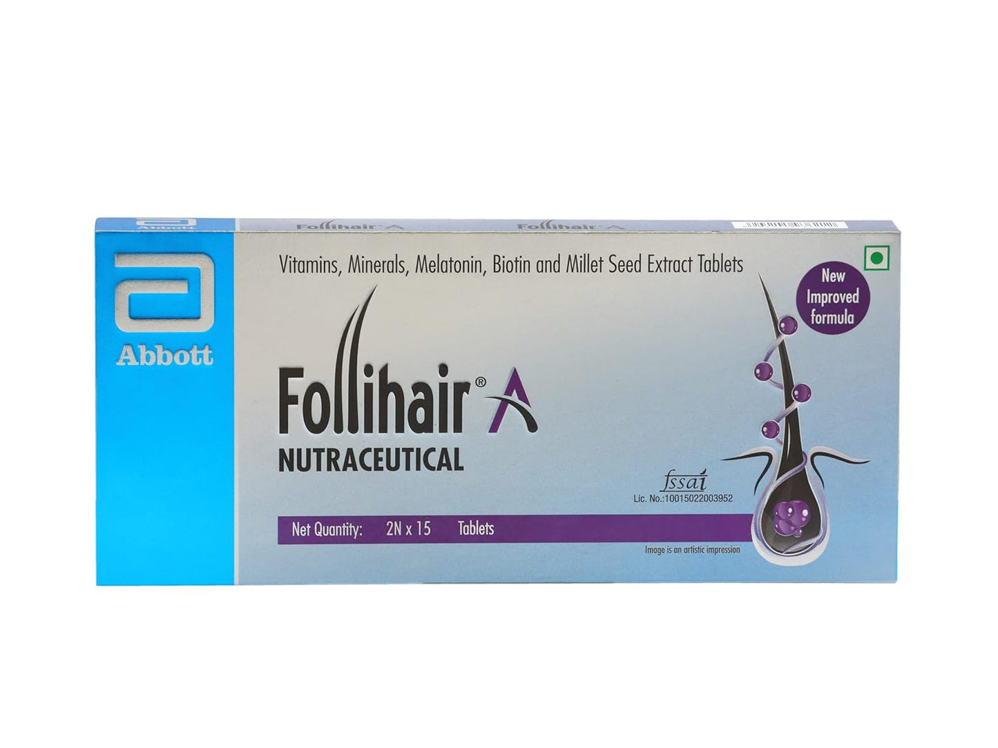 Follihair New A (Pack Of 2N X 15) By Abbott Helps Nourish & Strengthen Hair Follicles | Amino Acids, Vitamins, Minerals & Natural Extracts Tablets New Formulation, 0.05 Kilograms