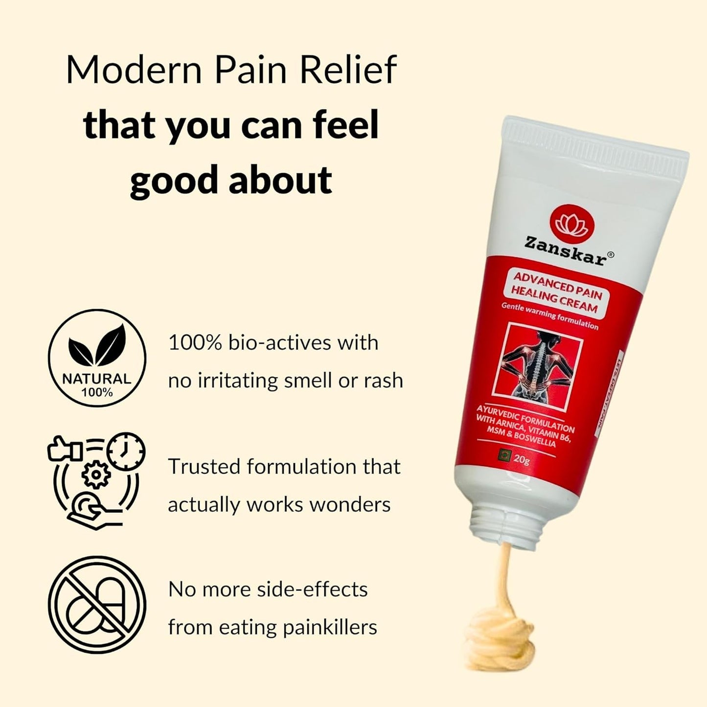 Zanskar Advanced Pain Healing Cream | Deep Relief from Back Pain, Knee Pain, Neck Pain, Shoulder Pain & Sprains | Natural Ingredients - Vitamin B6, MSM, Arnica, Boswellia | 50 g