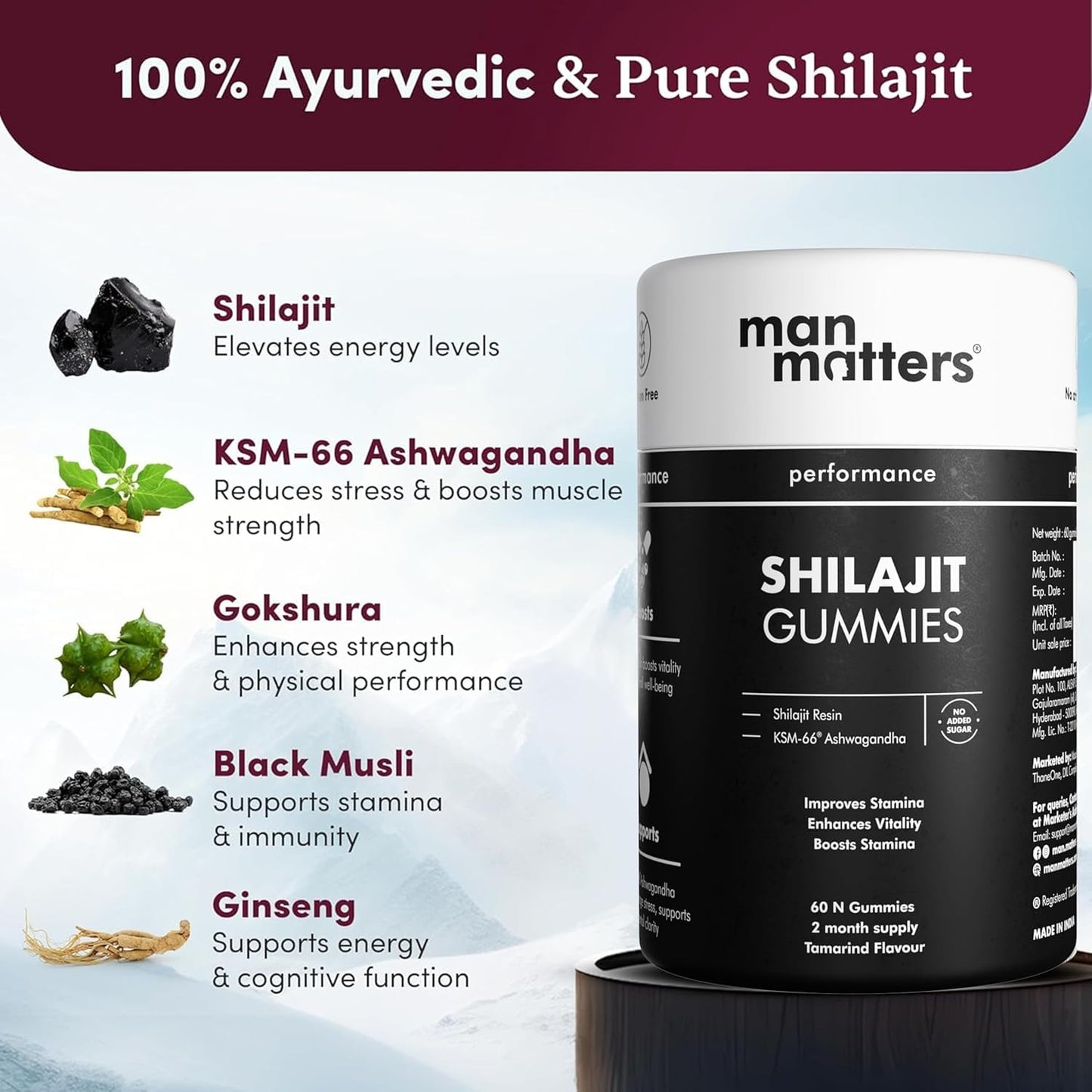 Man Matters Pure Himalayan Shilajit Gummies with KSM 66 Ashwagandha | Boosts Stamina, Strength & Improves Energy Levels | No Added Sugar | Pack of 60