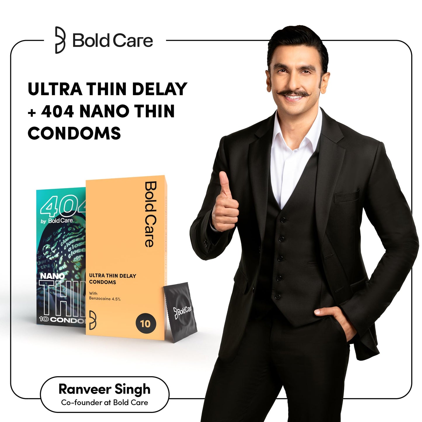 Bold Care Ultra Thin Lubricated Condoms (Pack Of 10) For Men With Disposable Pouches And 4.5% Benzocaine | 60 Microns | Paraben Free | Close Fit Barely There Condom | Transparent Extra Thin Condom