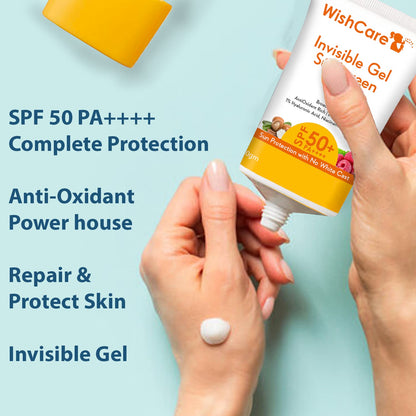 WishCare Invisible Gel Sunscreen SPF 50+ PA++++ - Ultra Light Weight, Oil Free with Broad Spectrum Protection & No White Cast - 50 Grams