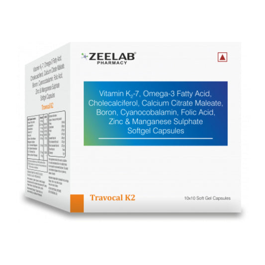 Zeelab Travocal K2 | Vitamin K2-7, Omega-3 Fatty Acid, Cholecalciferol, Calcium Citrate, Zinc and Manganese Sulphate Softgel Capsules