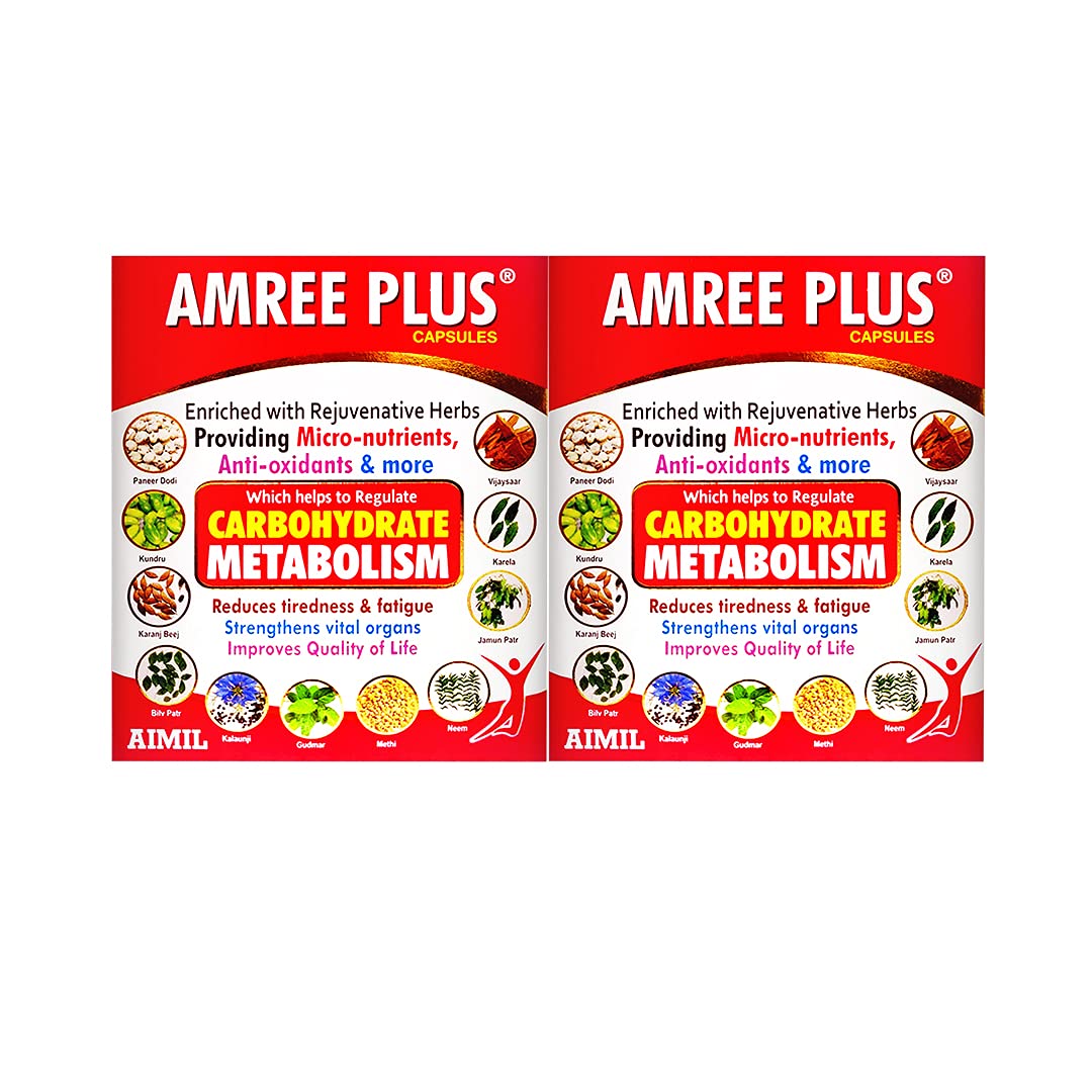 AIMIL Amree Plus Capsules - 20 Capsules (Pack of 4) | Natural Carbohydrate Metabolizer | Strengthens Vital Organs | Contains Micronutrients & Antioxidants | Karela, Methi and More