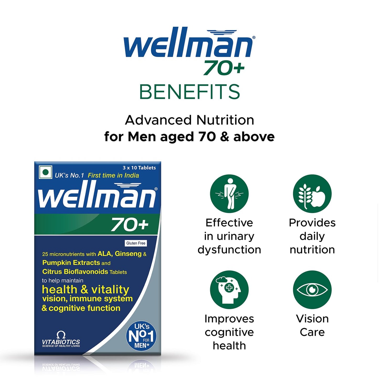 wellman 70+Multivitamin Tablets For Men-With Pumpkin Seed Extract,Vitamin D,B6,B12 & Iron,Boost Heart,Brain,Vision & Immune Health,Vegetarian Formula,Empower Your 70S With 70+ Pack Of 1,30 Tablets