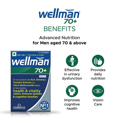 wellman 70+Multivitamin Tablets For Men-With Pumpkin Seed Extract,Vitamin D,B6,B12 & Iron,Boost Heart,Brain,Vision & Immune Health,Vegetarian Formula,Empower Your 70S With 70+ Pack Of 1,30 Tablets