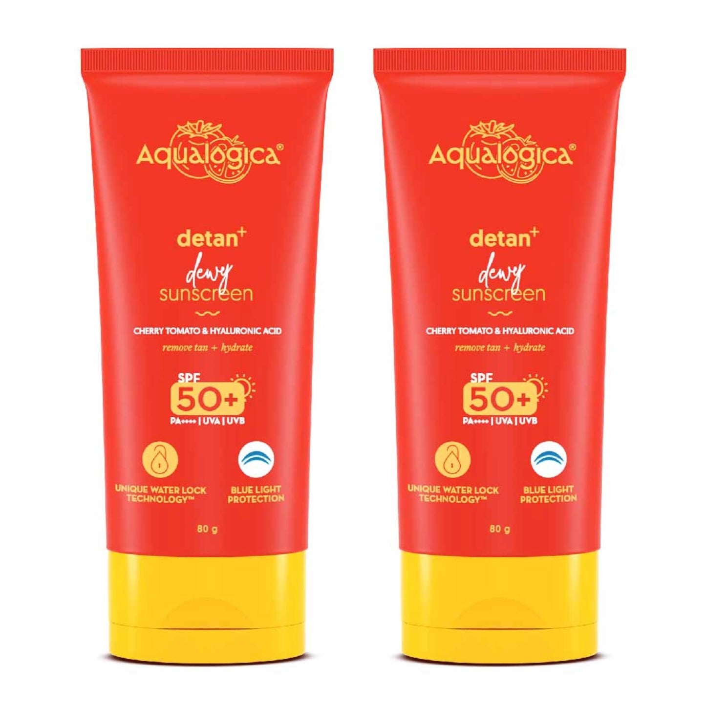 Aqualogica Detan+ Dewy Lightweight Sunscreen with SPF 50+ & PA++++ for UVA/B & Blue Light Protection | Normal, Sensitive & Dry Skin | Tan Removal & No White Cast for Men & Women - 50g