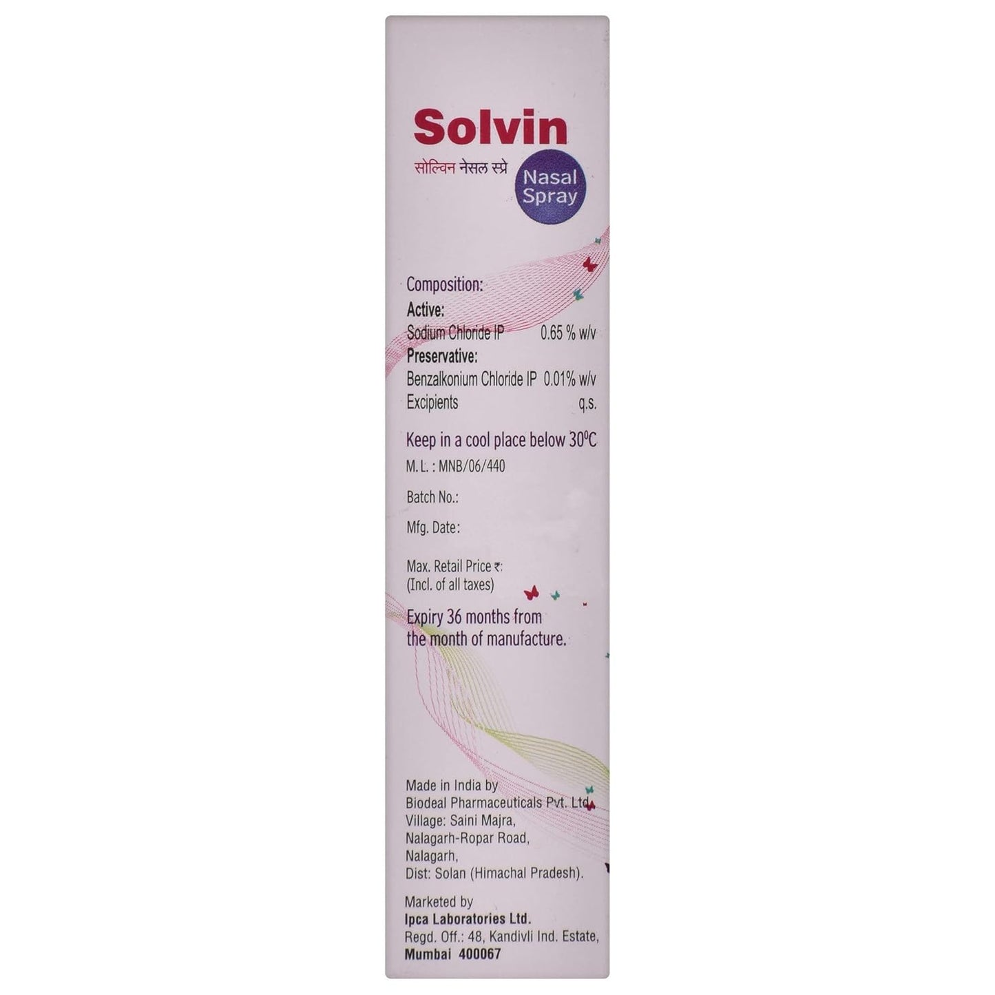 Solvin - Bottle of 20 ml Saline Nasal Spray