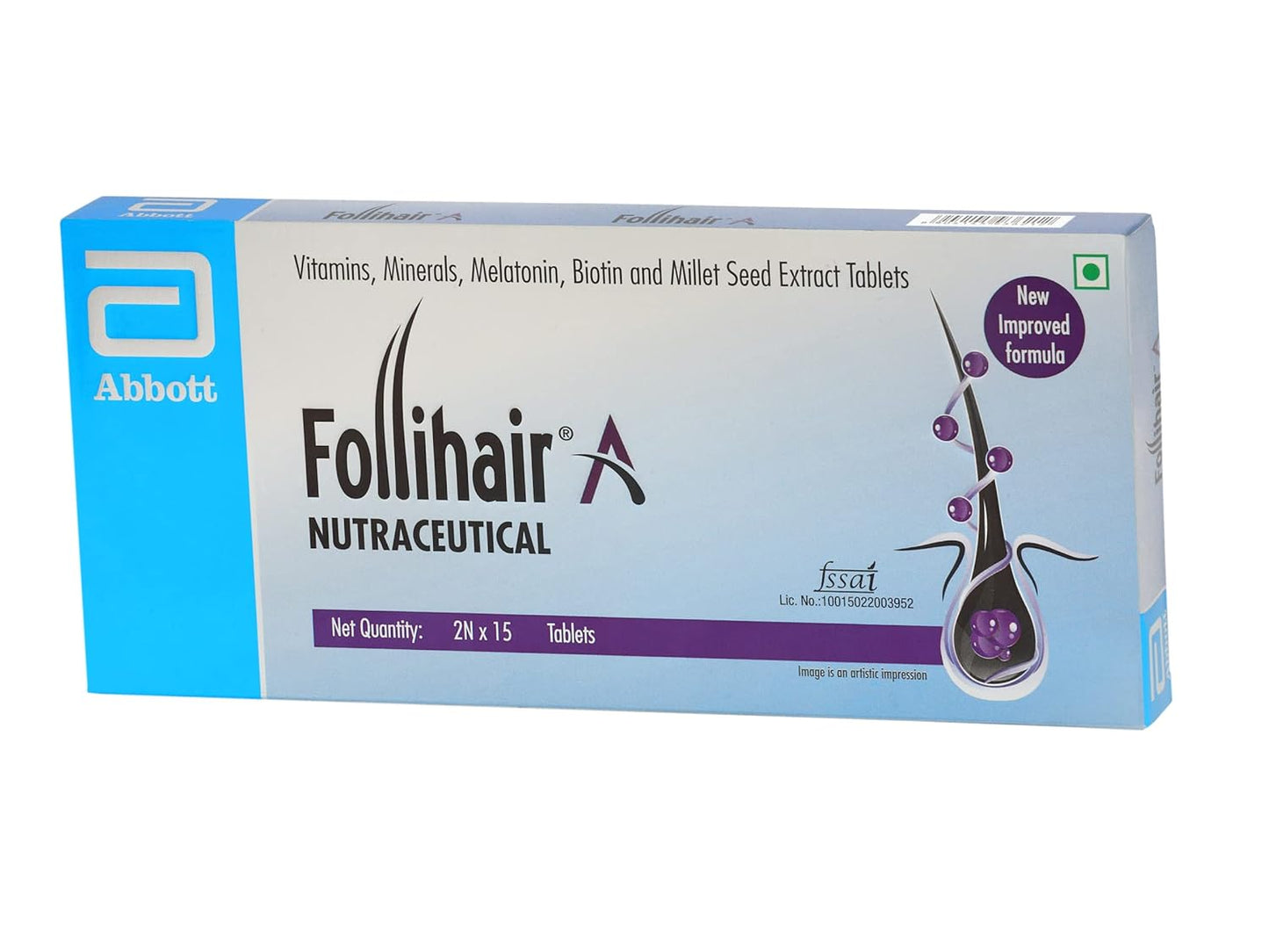 Follihair New A (Pack Of 2N X 15) By Abbott Helps Nourish & Strengthen Hair Follicles | Amino Acids, Vitamins, Minerals & Natural Extracts Tablets New Formulation, 0.05 Kilograms