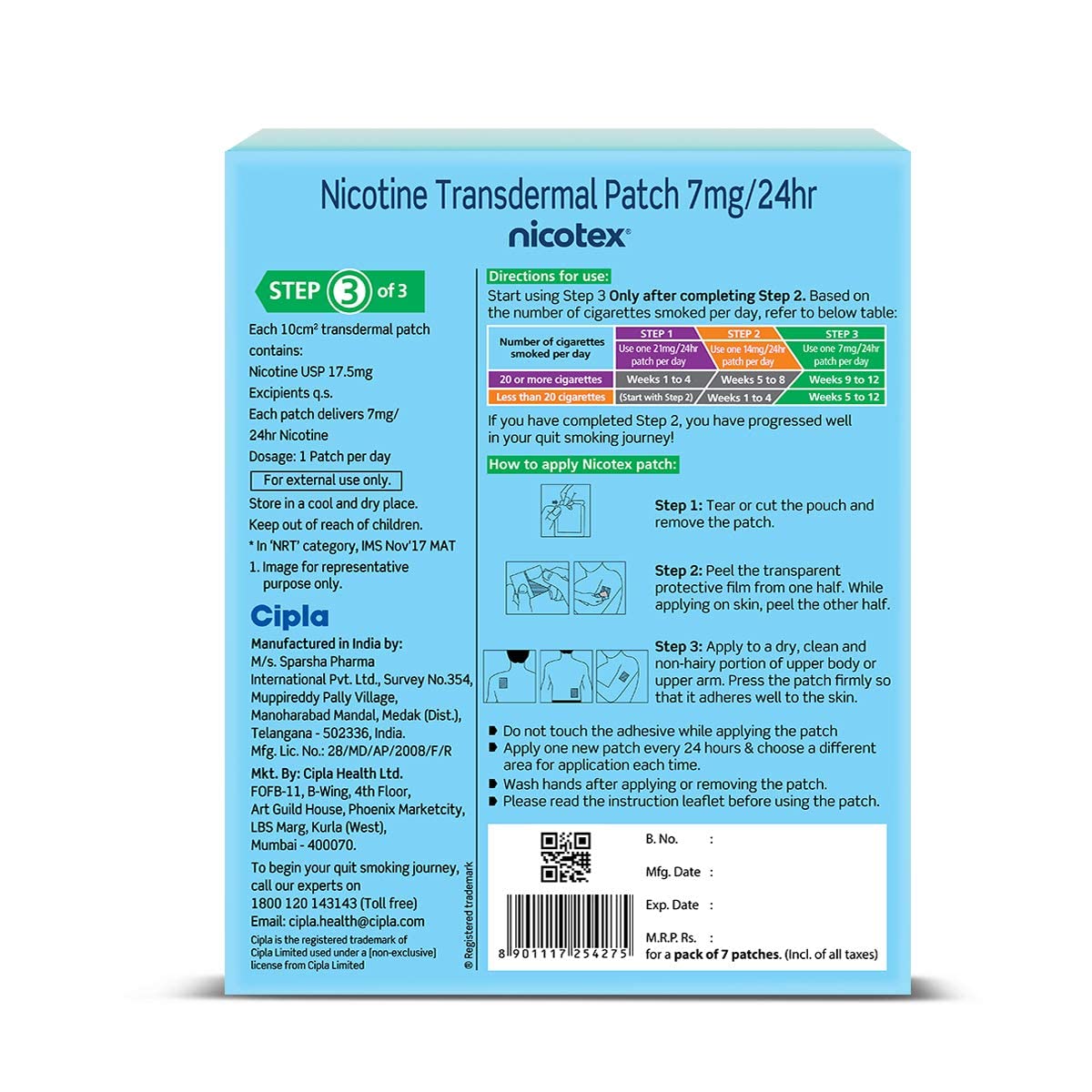 Cipla Nicotex Nicotine Transdermal Patch | Helps to Quit Smoking | WHO - Approved Therapy | 7 Patches (Step 2-14mg)