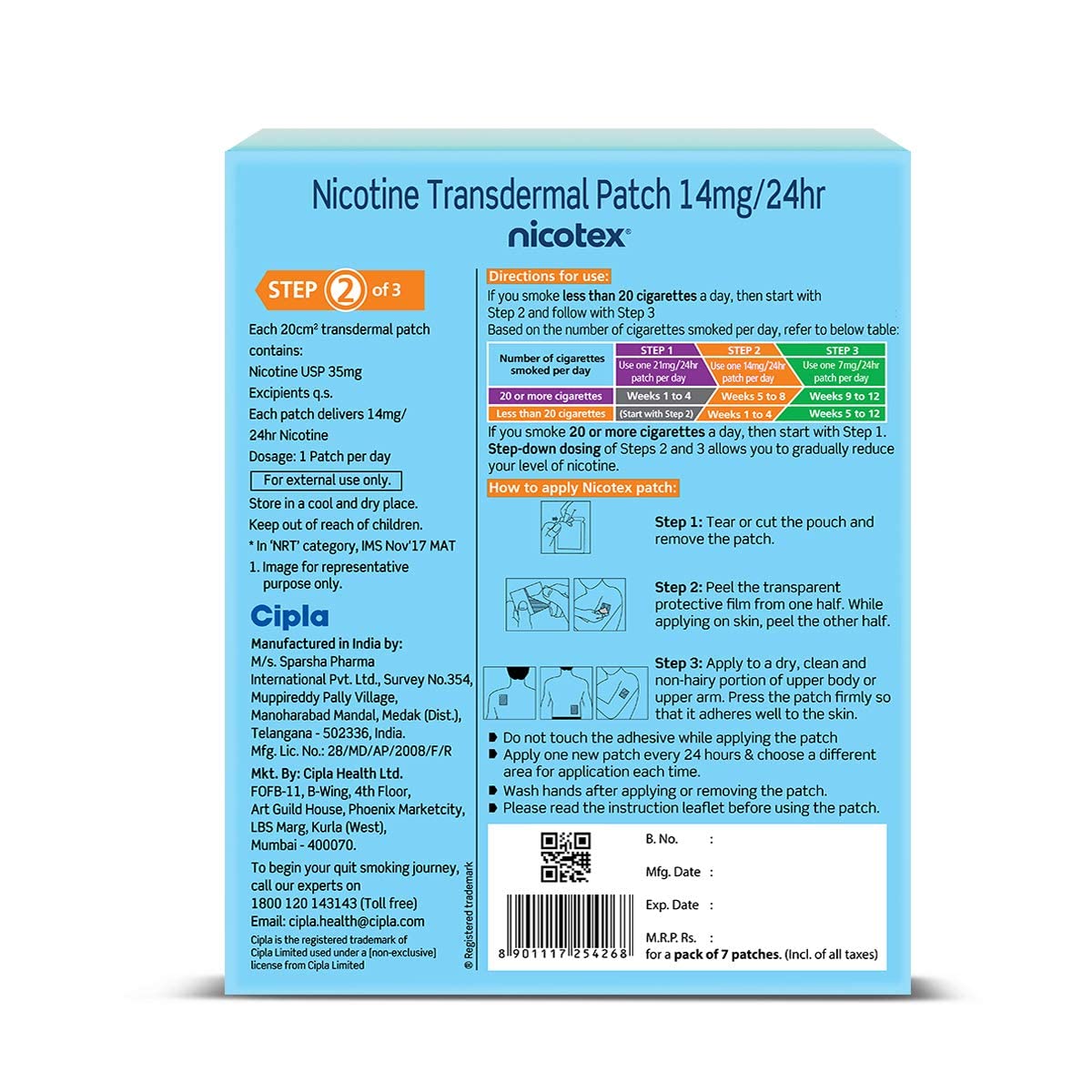 Cipla Nicotex Nicotine Transdermal Patch | Helps to Quit Smoking | WHO - Approved Therapy | 7 Patches (Step 2-14mg)