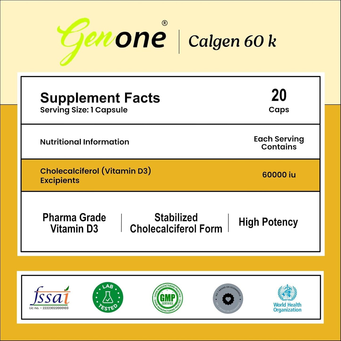 GenOne Calgen D3 Vitamin D3 Capsule for boosting immunity, Healthy bones and Strong muscles (20 Caps)