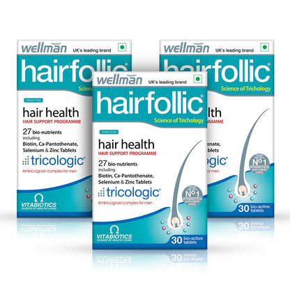 Wellman Hairfollic Hair supplements for Men with zinc, selenium, lignans that supports hair growth, provide strength to hair roots | vegetarian 30 tablets