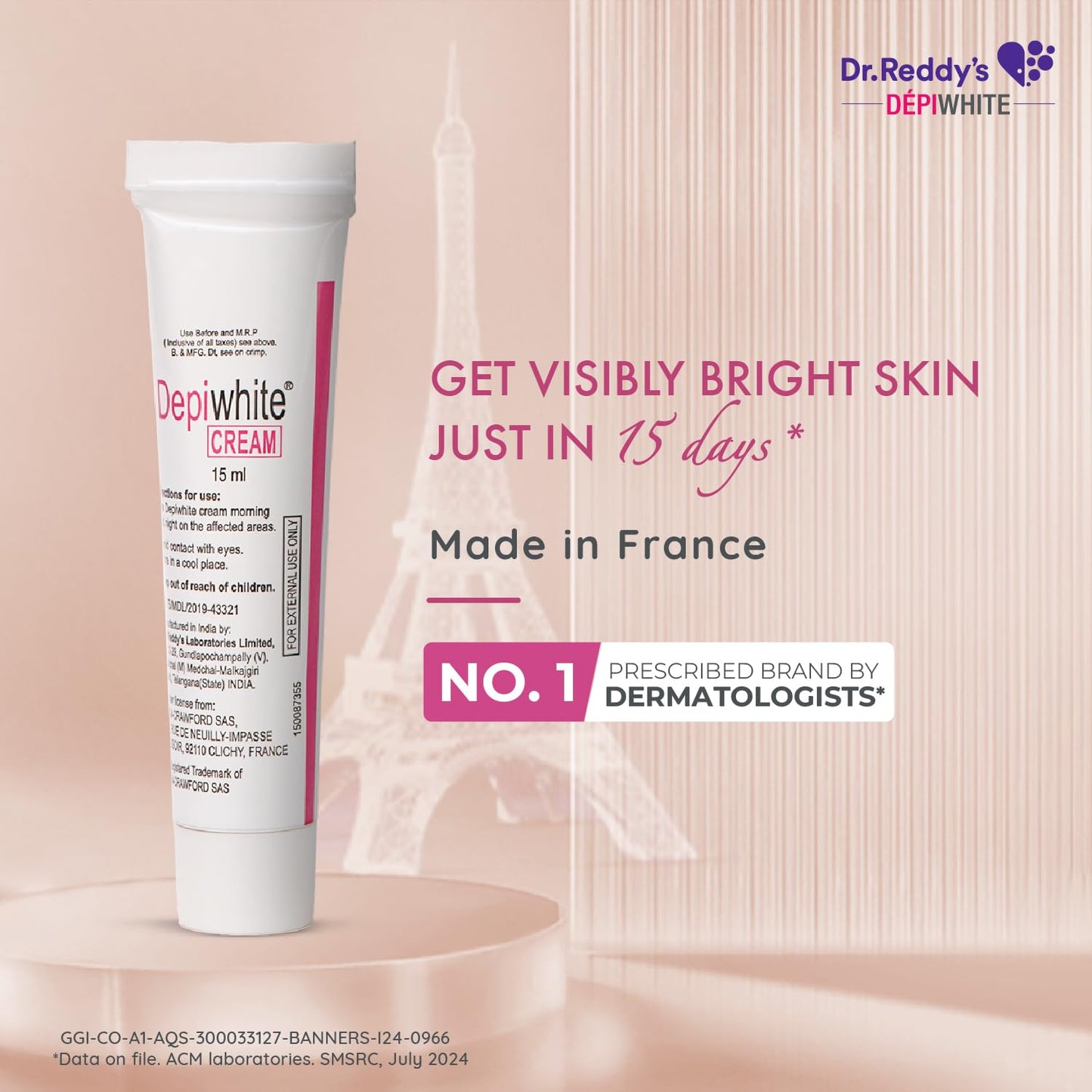 Dr. Reddy’s Depiwhite Cream, Enriched with 2% Hydroquinone, 1% Antipollon, 7% Vitis Vinifera Oil & 2% Kojic Acid | No.1 Prescribed Brand By Dermatologists | Men & Women | 15ml