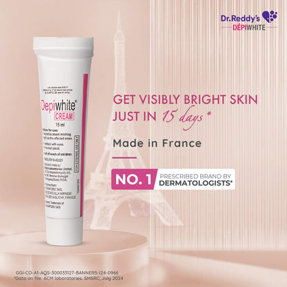 Dr. Reddy’s Depiwhite Cream, Enriched with 2% Hydroquinone, 1% Antipollon, 7% Vitis Vinifera Oil & 2% Kojic Acid | No.1 Prescribed Brand By Dermatologists | Men & Women | 15ml