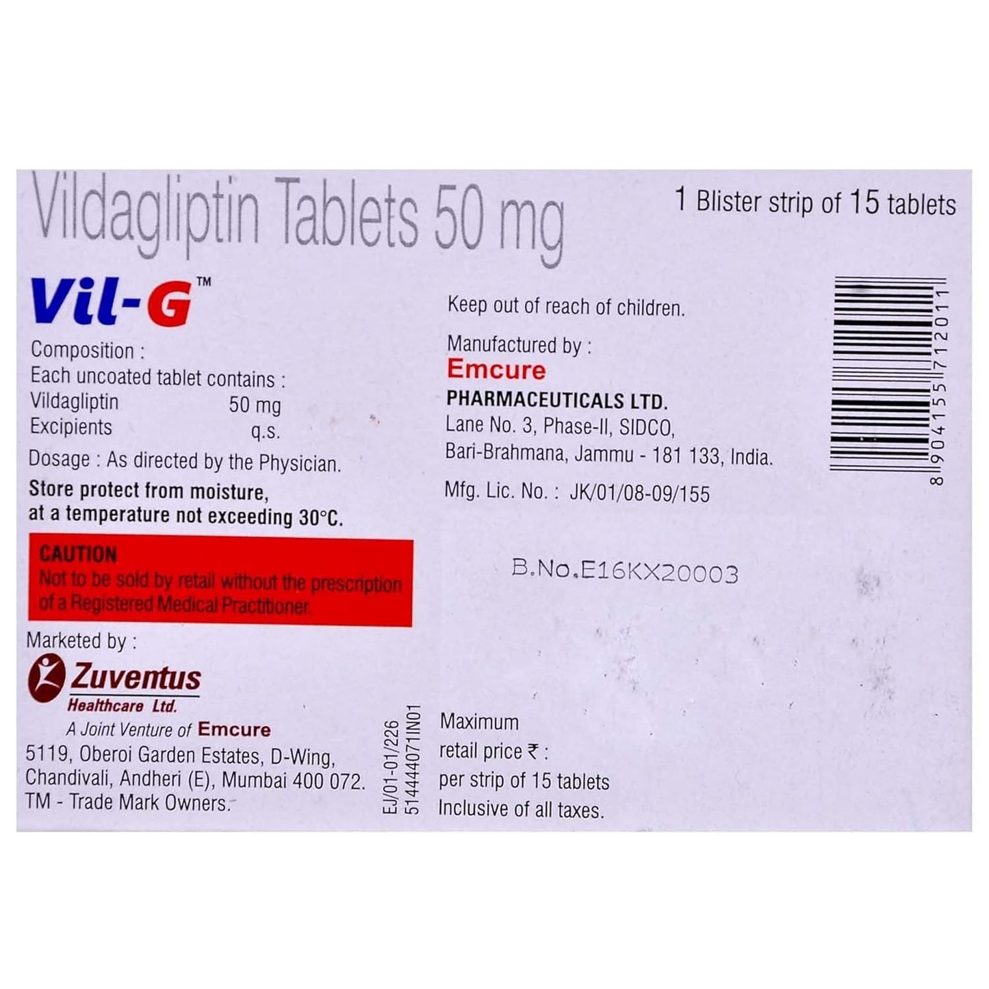 VIL-G 50MG - Strip of 15 Tablets