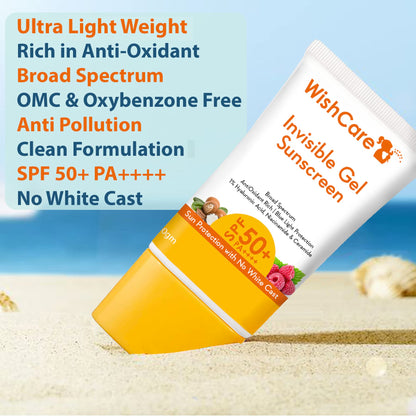 WishCare Invisible Gel Sunscreen SPF 50+ PA++++ - Ultra Light Weight, Oil Free with Broad Spectrum Protection & No White Cast - 50 Grams