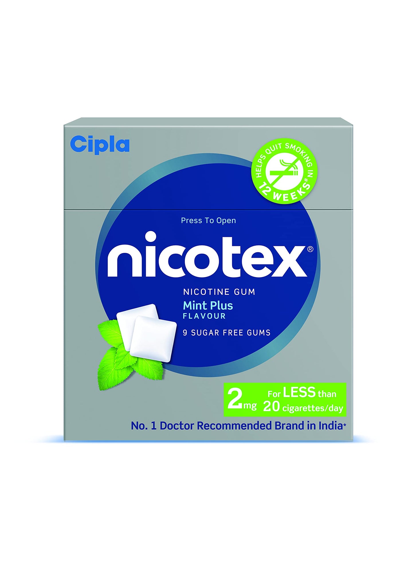 Cipla Nicotex Nicotine Sugar Free Ultra Mint Gums 2mg | Helps to Quit Smoking | WHO - Approved Therapy | 9 Gums each pack | Pack of 10