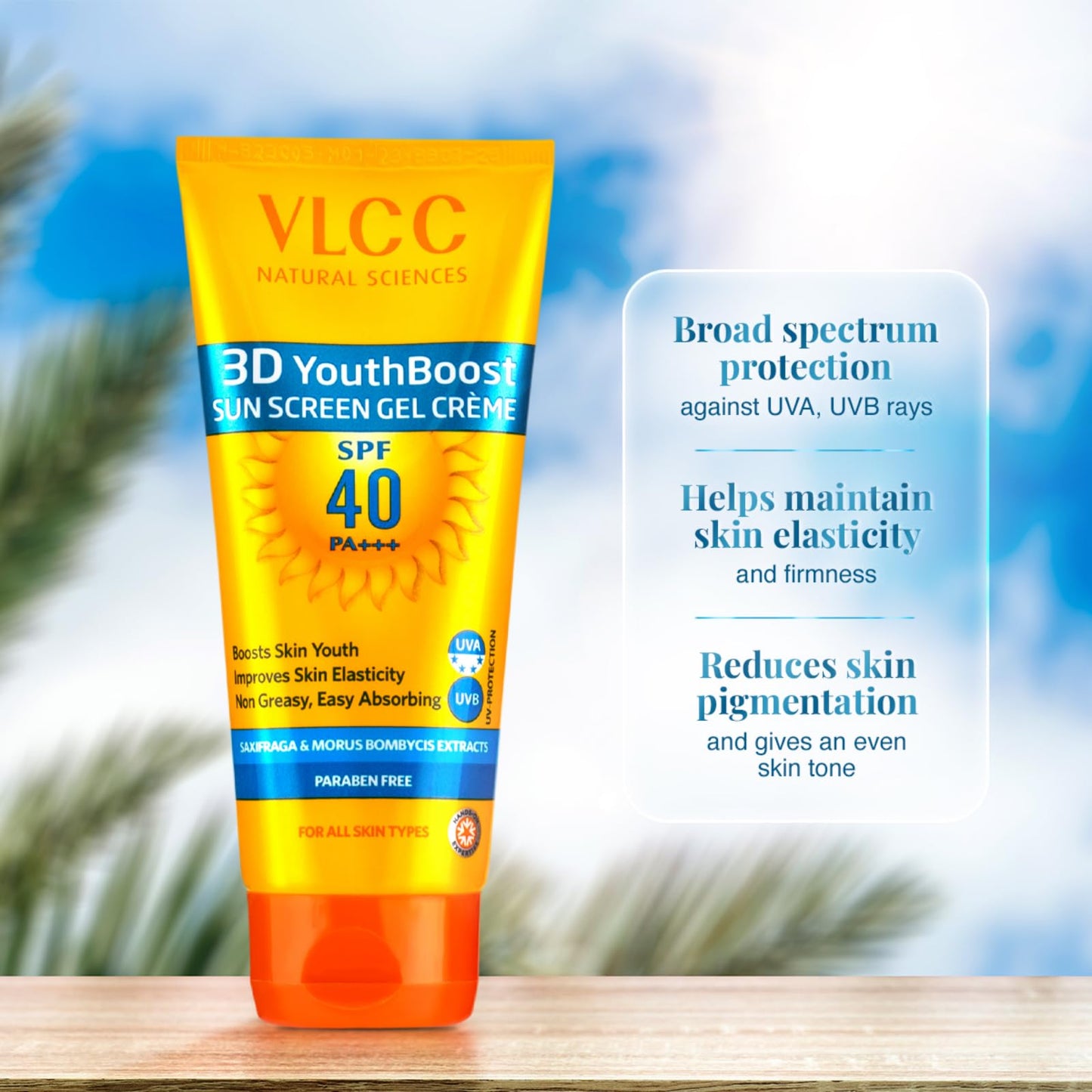 VLCC 3D Youth Boost SPF 40 +++ Sunscreen Gel Crème - 100g | UVA & UVB Protection | Broad Spectrum Sunscreen for Skin Elasticity, Firmness & Reduced Skin Pigmentation.