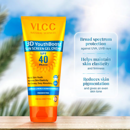 VLCC 3D Youth Boost SPF 40 +++ Sunscreen Gel Crème - 100g | UVA & UVB Protection | Broad Spectrum Sunscreen for Skin Elasticity, Firmness & Reduced Skin Pigmentation.