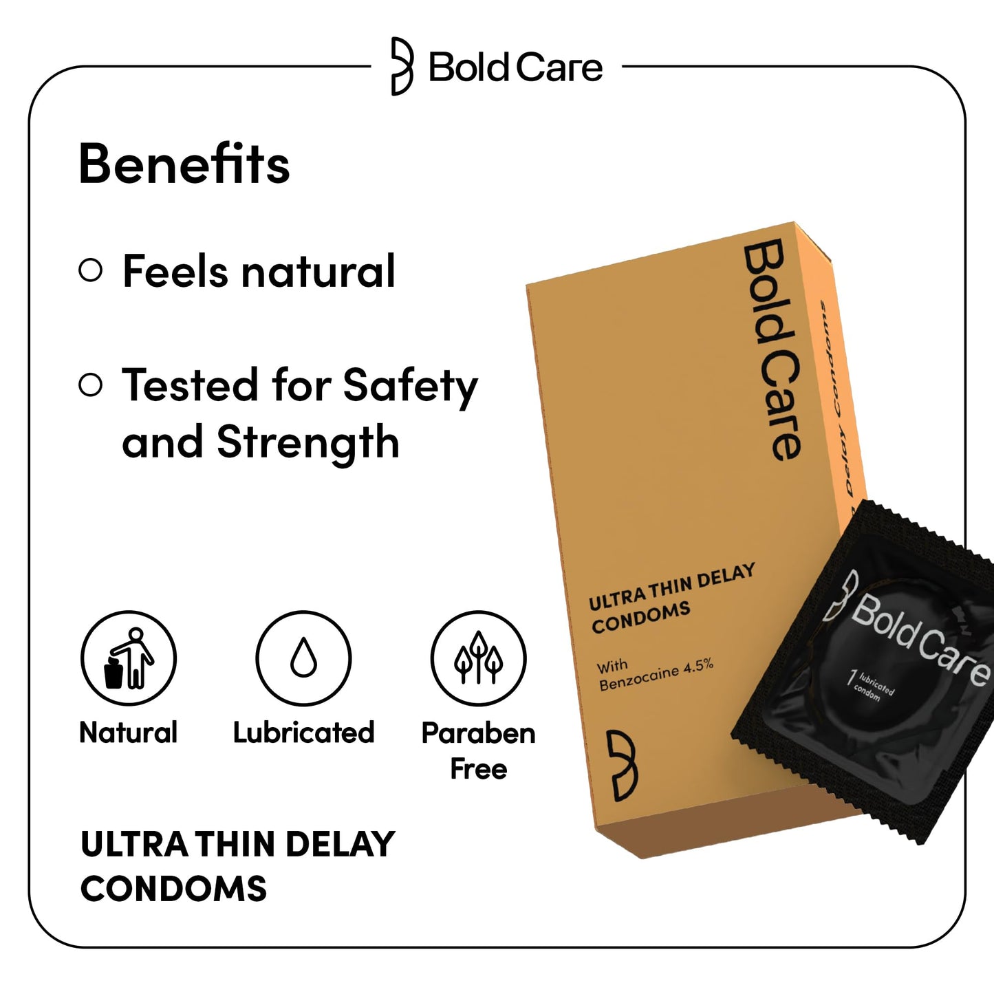 Bold Care Ultra Thin Lubricated Condoms (Pack Of 10) For Men With Disposable Pouches And 4.5% Benzocaine | 60 Microns | Paraben Free | Close Fit Barely There Condom | Transparent Extra Thin Condom