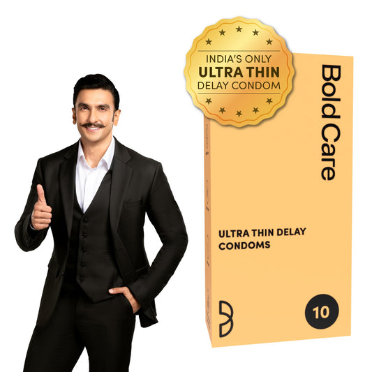 Bold Care Ultra Thin Lubricated Condoms (Pack Of 10) For Men With Disposable Pouches And 4.5% Benzocaine | 60 Microns | Paraben Free | Close Fit Barely There Condom | Transparent Extra Thin Condom