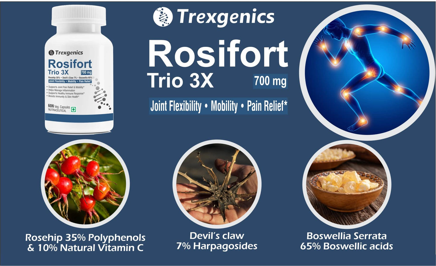 Trexgenics ROSIFORTE TRIO Rosehip, Boswellia, Devil's Claw 700 mg Joint Pain & Inflammation Support VEGAN & NON-GMO (60 Veg. Capsules) (Pack of 1)